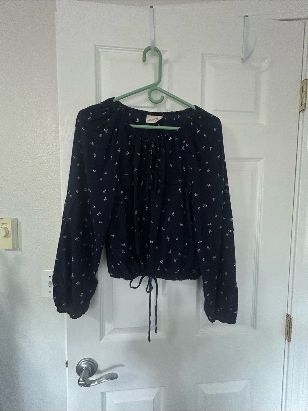 Universal Thread Navy Drawstring Peasant Blouse with Tiny Floral Print